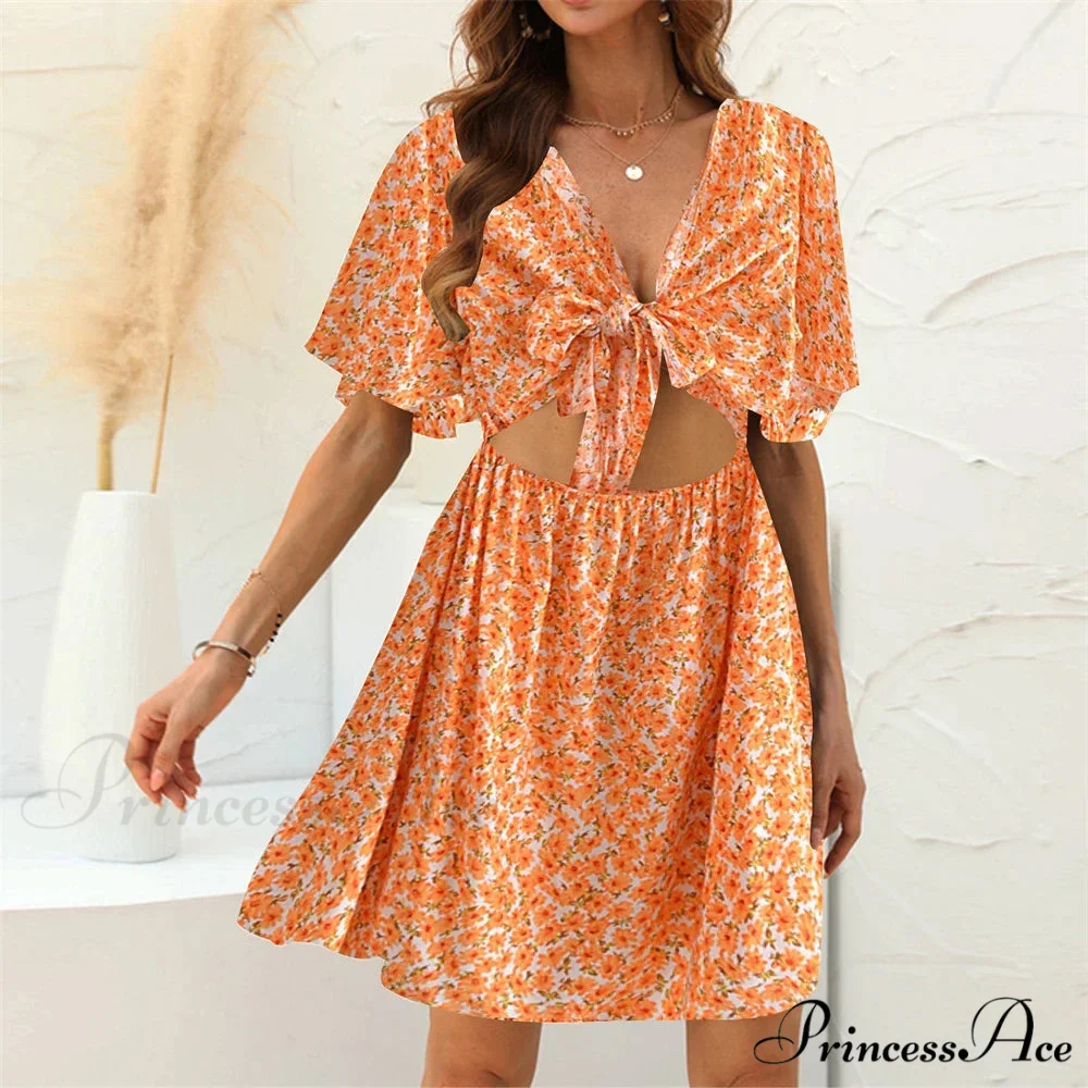 Flower Pattern Rayon Deep Bow Neck Short Sleeve Seductive Hollow Out Mini Boho Dress - Image 2