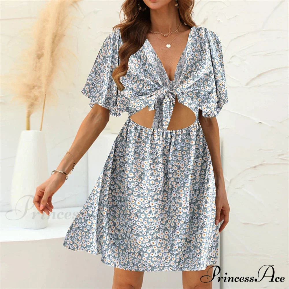 Flower Pattern Rayon Deep Bow Neck Short Sleeve Seductive Hollow Out Mini Boho Dress - Image 3