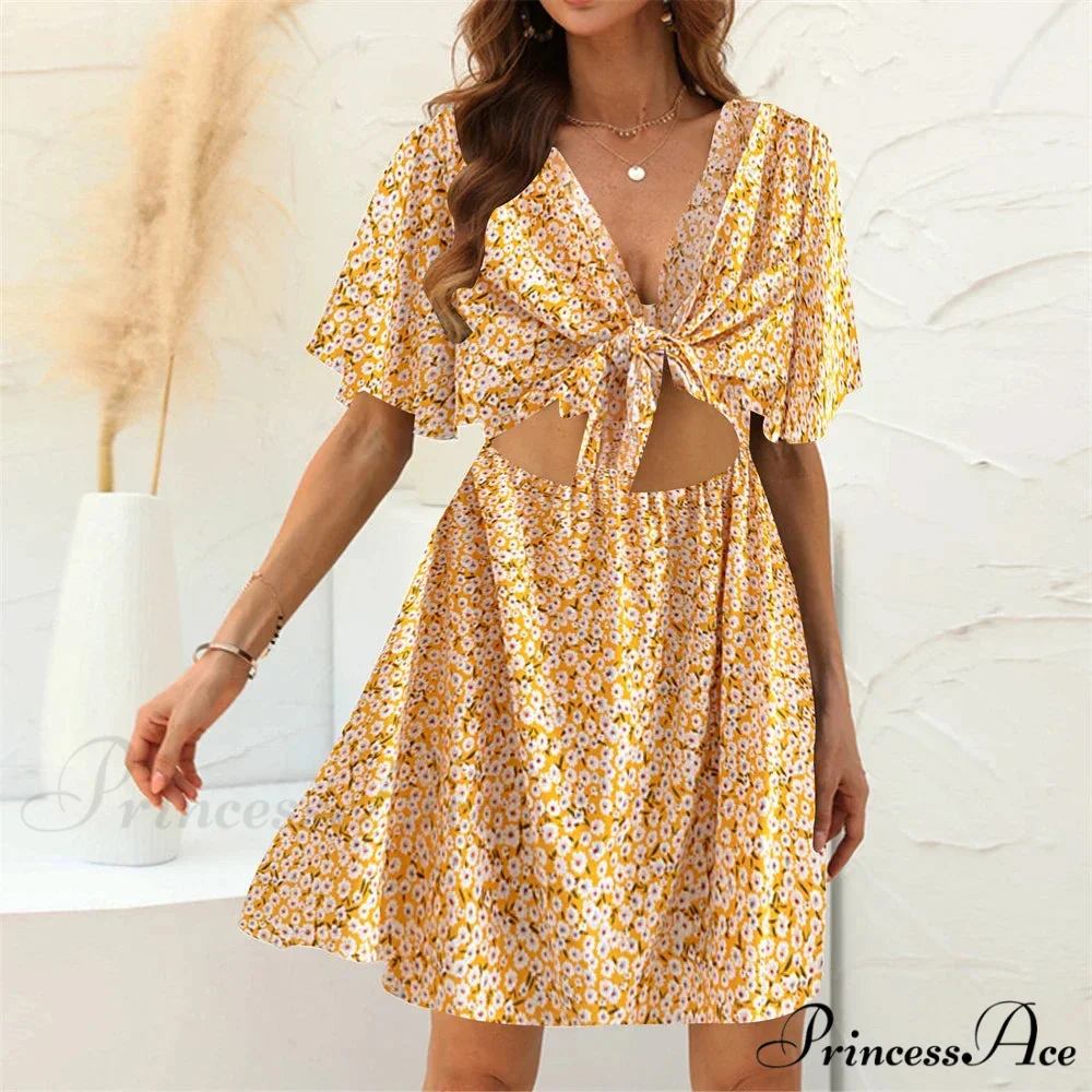 Flower Pattern Rayon Deep Bow Neck Short Sleeve Seductive Hollow Out Mini Boho Dress - Image 4
