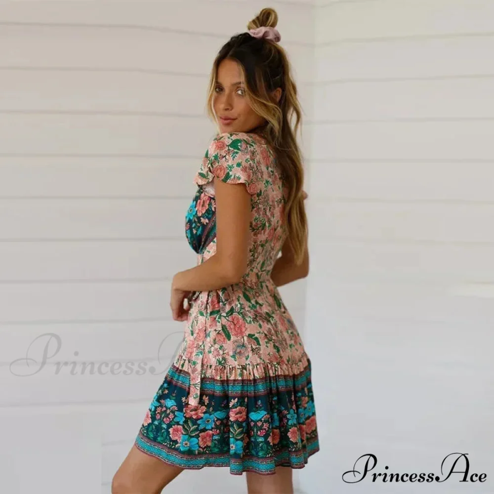 Flower Pattern Rayon Wrap Short Sleeve Seductive Holiday Mini Boho Dress - Image 2