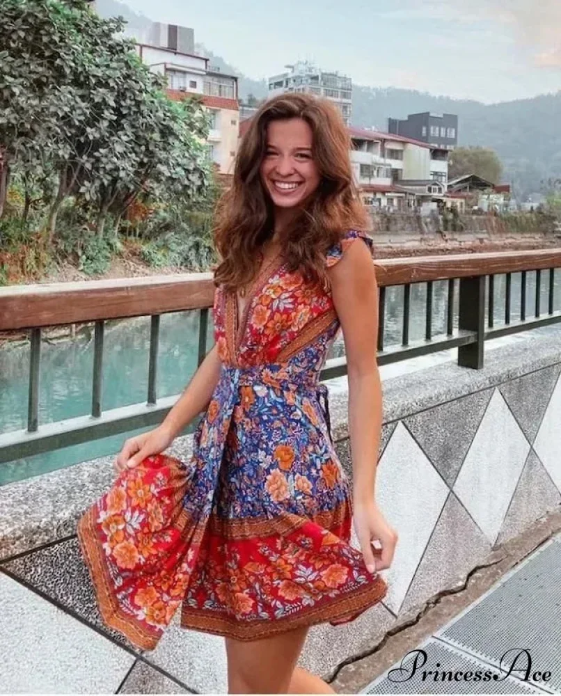 Flower Pattern Rayon Wrap Short Sleeve Seductive Holiday Mini Boho Dress - Image 3