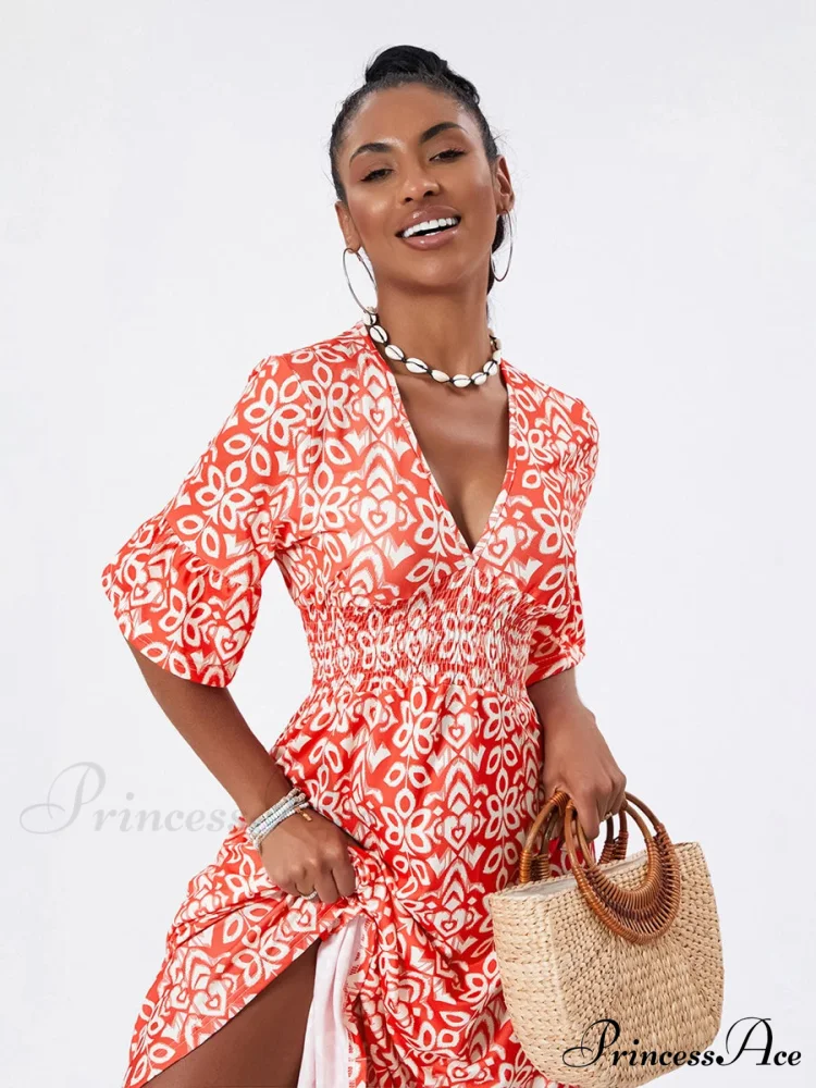 Flower Pattern Seaside Midi Informal Flare Sleeve A-Line Frilled Flower Dress - Image 2