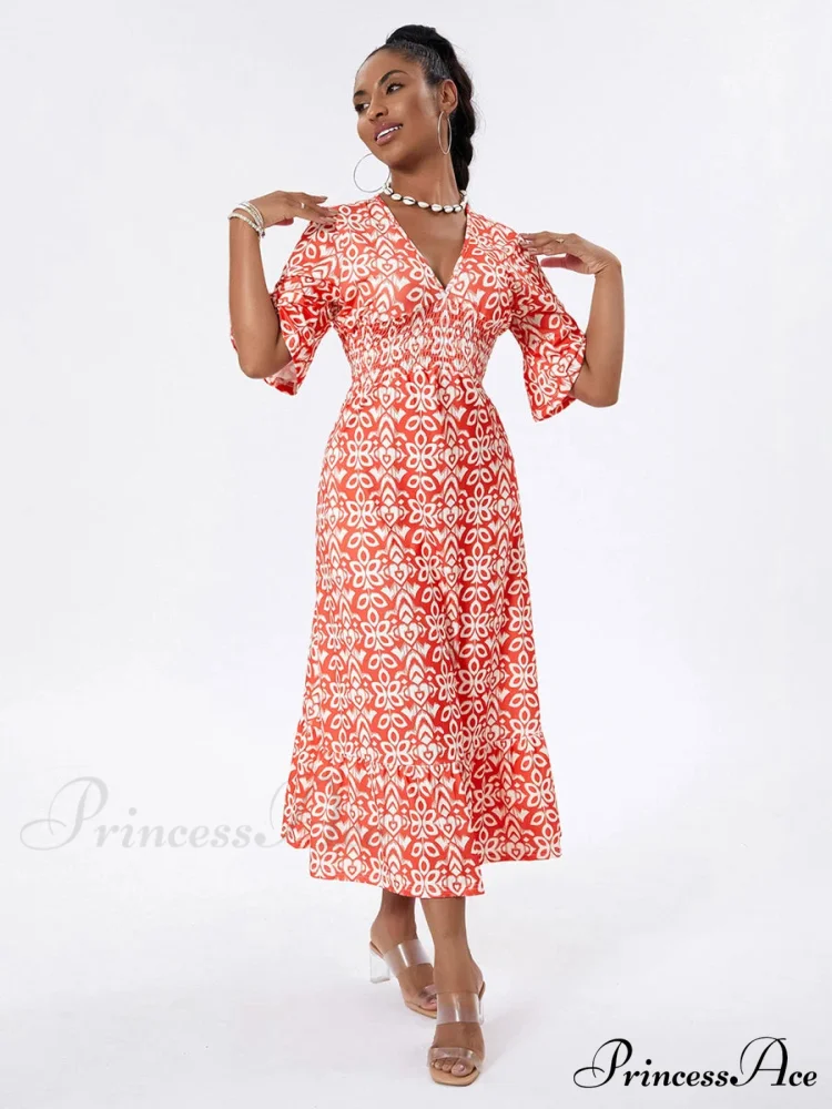 Flower Pattern Seaside Midi Informal Flare Sleeve A-Line Frilled Flower Dress - Image 3