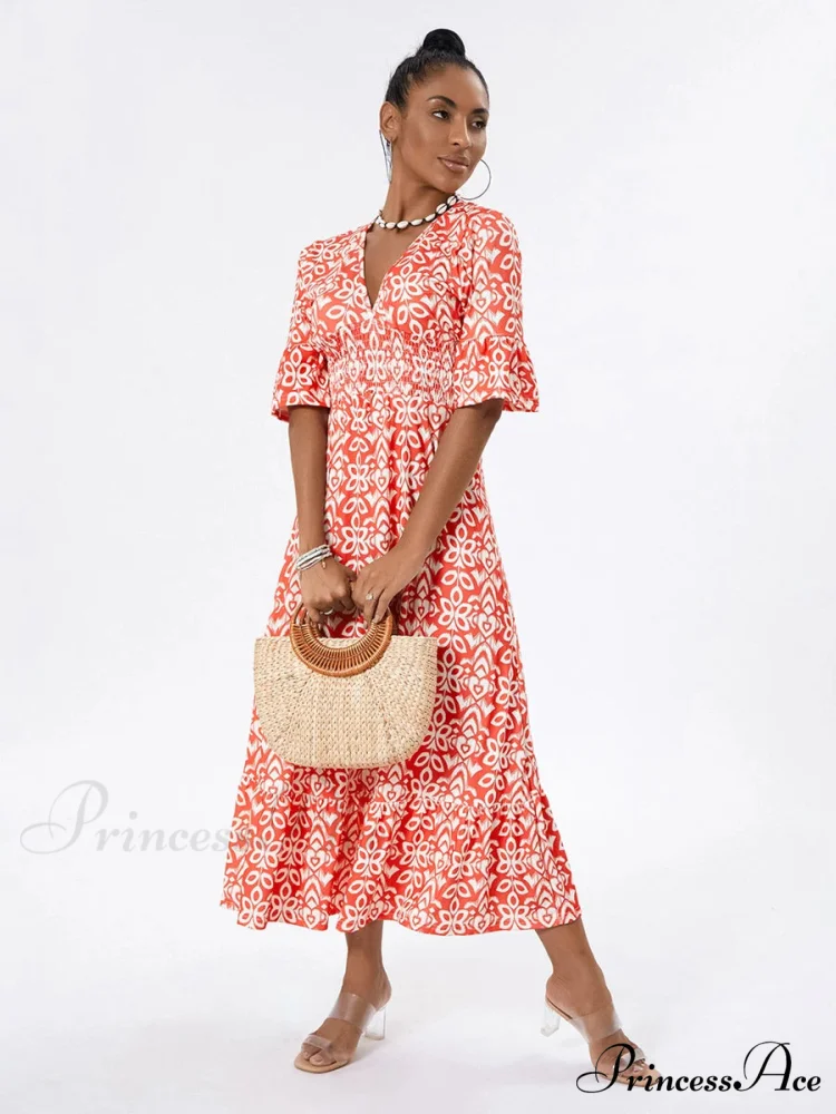 Flower Pattern Seaside Midi Informal Flare Sleeve A-Line Frilled Flower Dress - Image 4