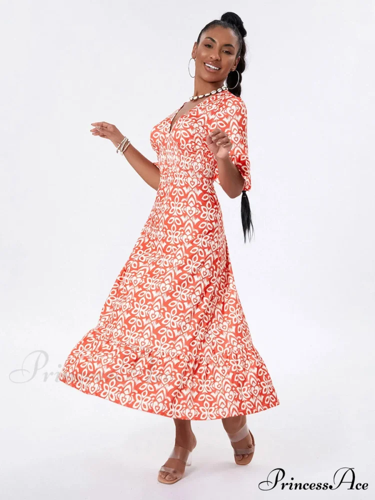Flower Pattern Seaside Midi Informal Flare Sleeve A-Line Frilled Flower Dress - Image 5