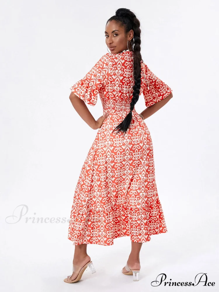 Flower Pattern Seaside Midi Informal Flare Sleeve A-Line Frilled Flower Dress - Image 6