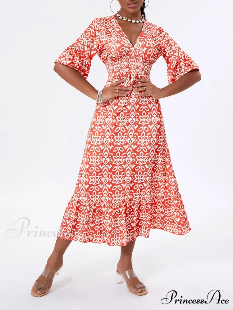 Flower Pattern Seaside Midi Informal Flare Sleeve A-Line Frilled Flower Dress - Image 7