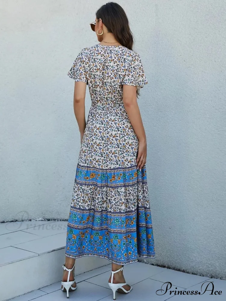 Flower Pattern Short Sleeve Button Loose Fringe V-neck Maxi Boho Dress - Image 2