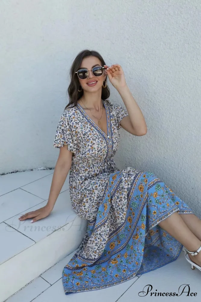 Flower Pattern Short Sleeve Button Loose Fringe V-neck Maxi Boho Dress - Image 3