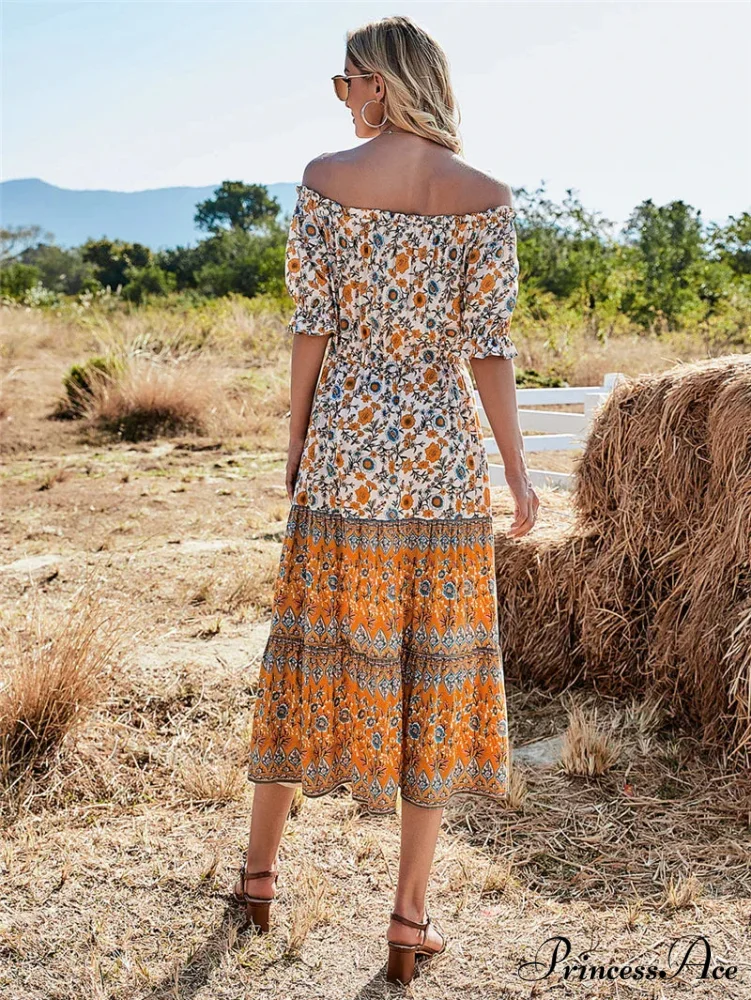 Flower Pattern Short Sleeve Off Shoulder Long Boho Dress - Image 2