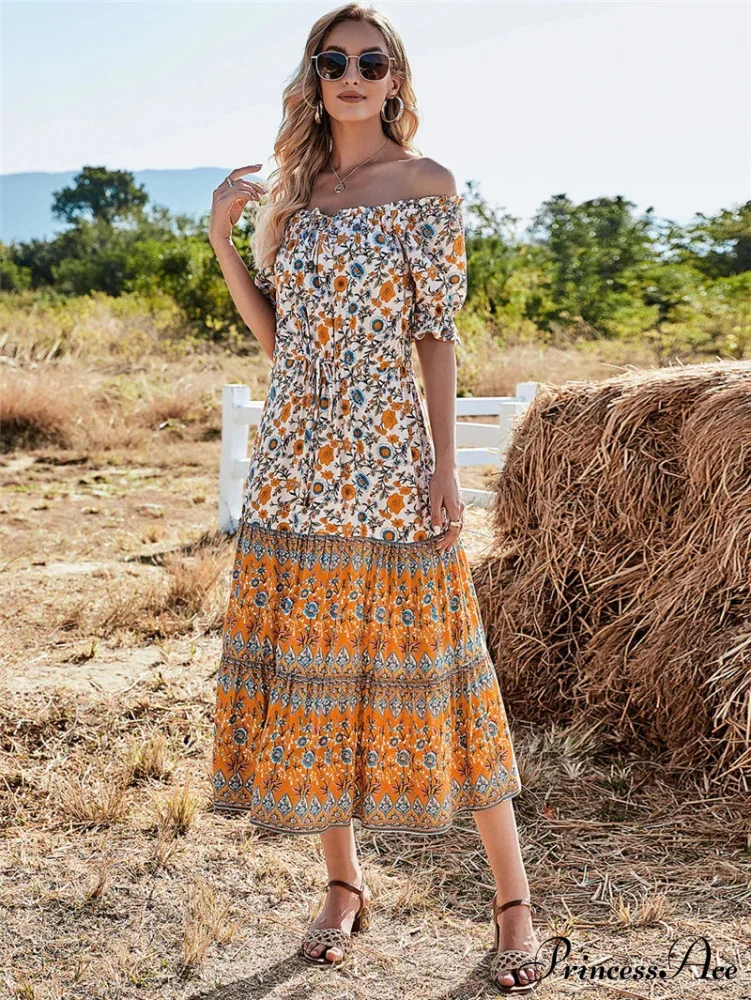 Flower Pattern Short Sleeve Off Shoulder Long Boho Dress - Image 3