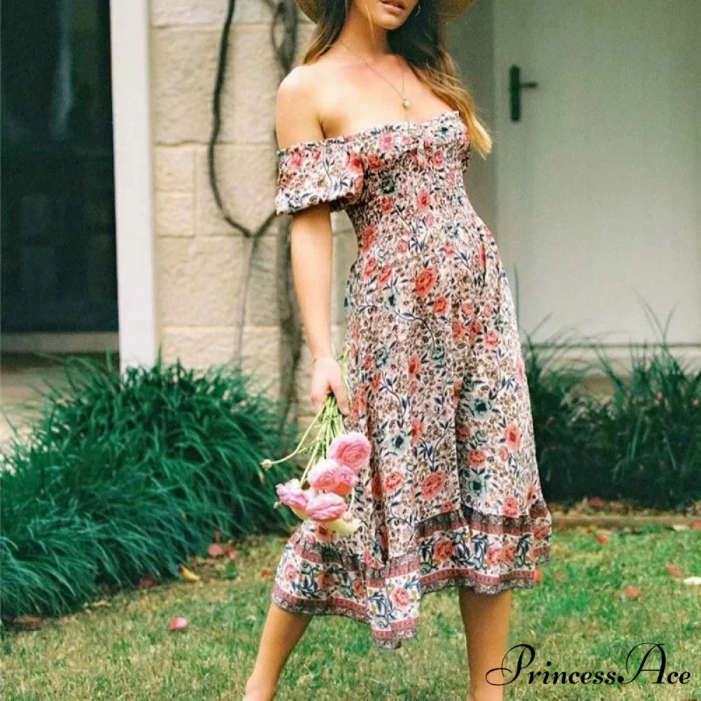 Flower Pattern Short Sleeve Seductive Off Shoulder Midi Boho Dress - Image 2