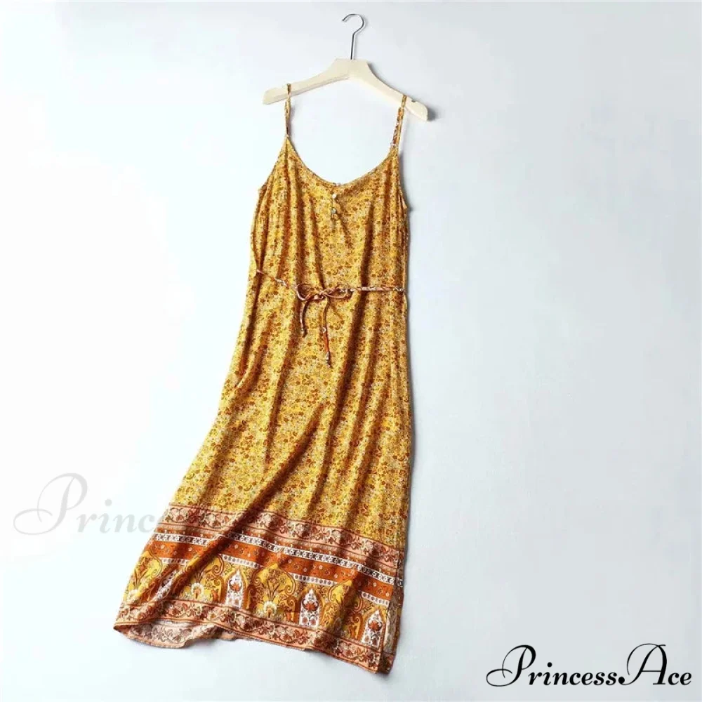 Flower Pattern Sleeveless Band Rayon Cotton Midi Boho Dress - Image 2