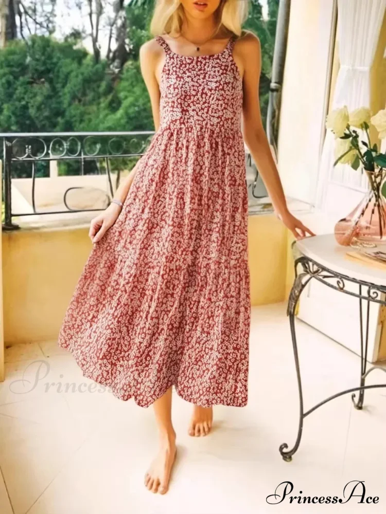 Flower Pattern Sleeveless Open-Back Rayon Holiday Maxi Bohemian Dress - Image 2
