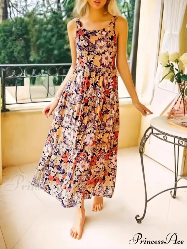 Flower Pattern Sleeveless Open-Back Rayon Holiday Maxi Bohemian Dress - Image 3