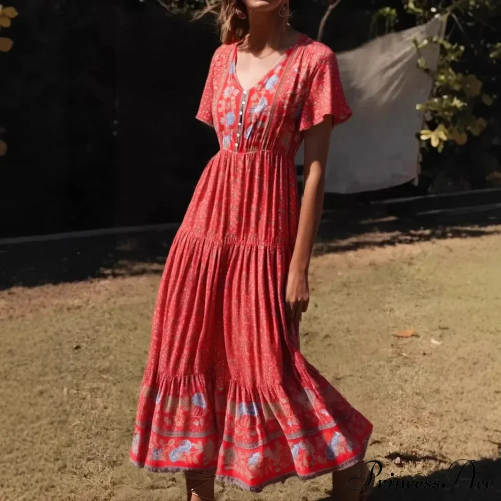 Flower Pattern Solitary Buttoned V-neck Short Sleeve Summertime Long Bohemian Dress - Image 2