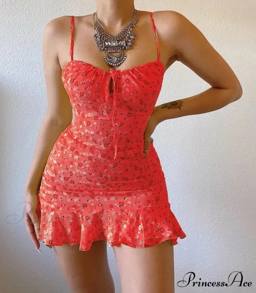 Flower Pattern Spaghetti Strap Deep V Lace-up Flounced Flower Dress - Image 5