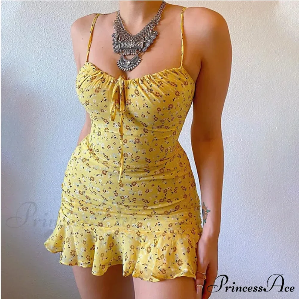 Flower Pattern Spaghetti Strap Deep V Lace-up Flounced Flower Dress - Image 6