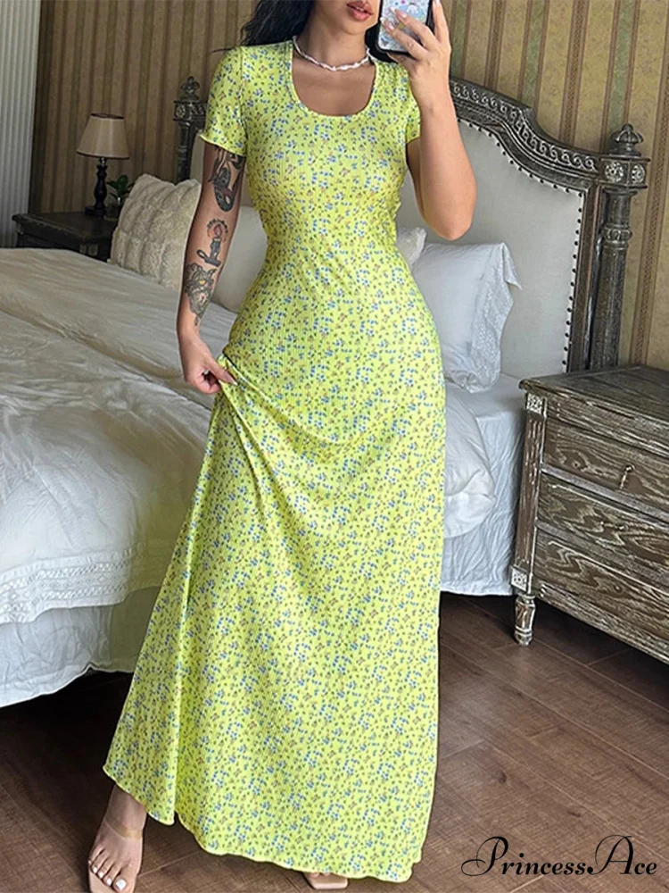 Flower Pattern T-Shirt Fasten Back U-neck A-Line Long Flower Dress - Image 2