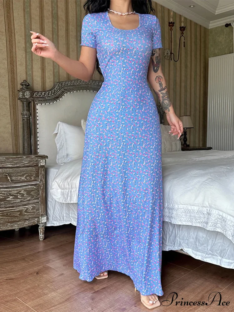 Flower Pattern T-Shirt Fasten Back U-neck A-Line Long Flower Dress - Image 3