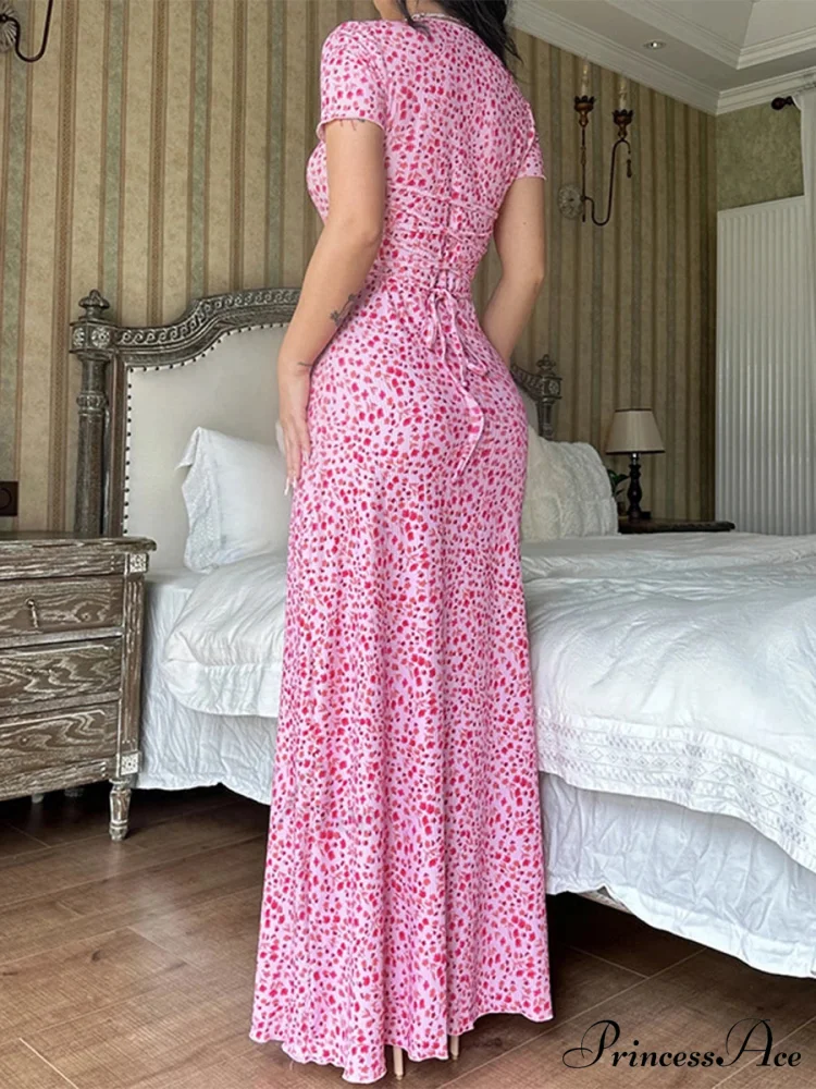 Flower Pattern T-Shirt Fasten Back U-neck A-Line Long Flower Dress - Image 5