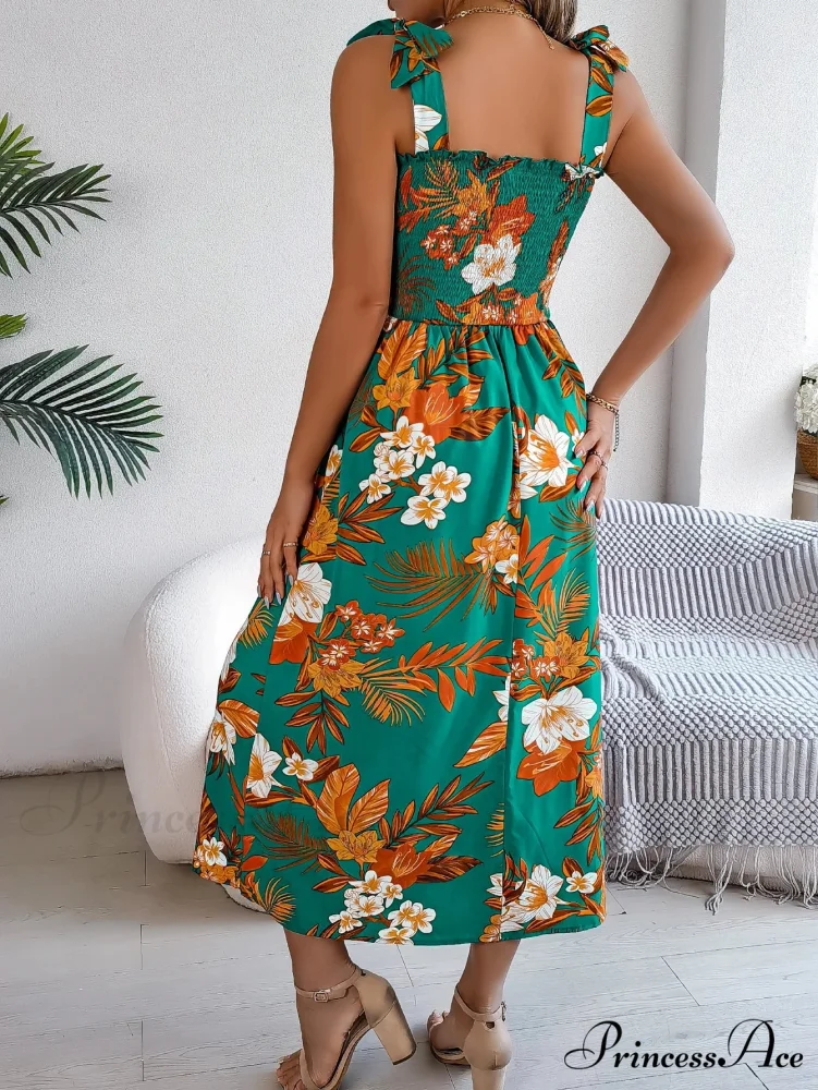 Flower Pattern Tie-up Sleeveless Holiday Flower Dress - Image 2