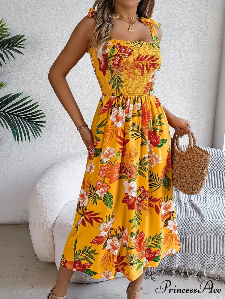 Flower Pattern Tie-up Sleeveless Holiday Flower Dress - Image 3
