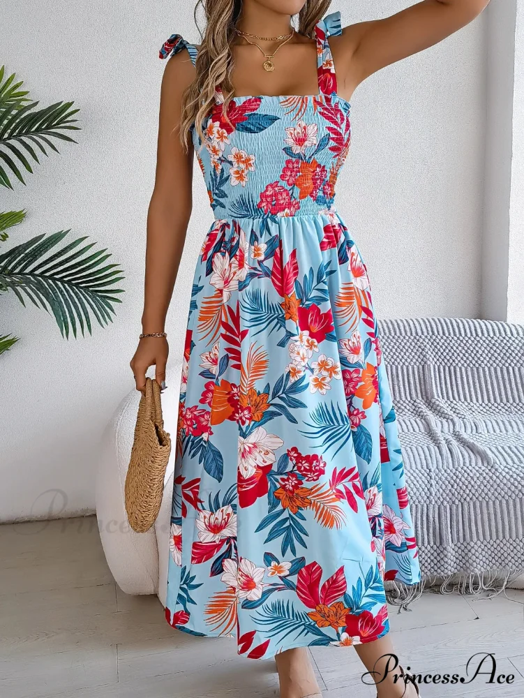 Flower Pattern Tie-up Sleeveless Holiday Flower Dress - Image 6