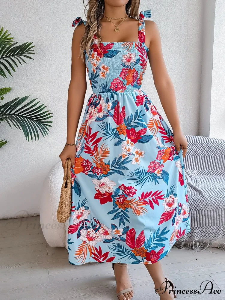Flower Pattern Tie-up Sleeveless Holiday Flower Dress - Image 7