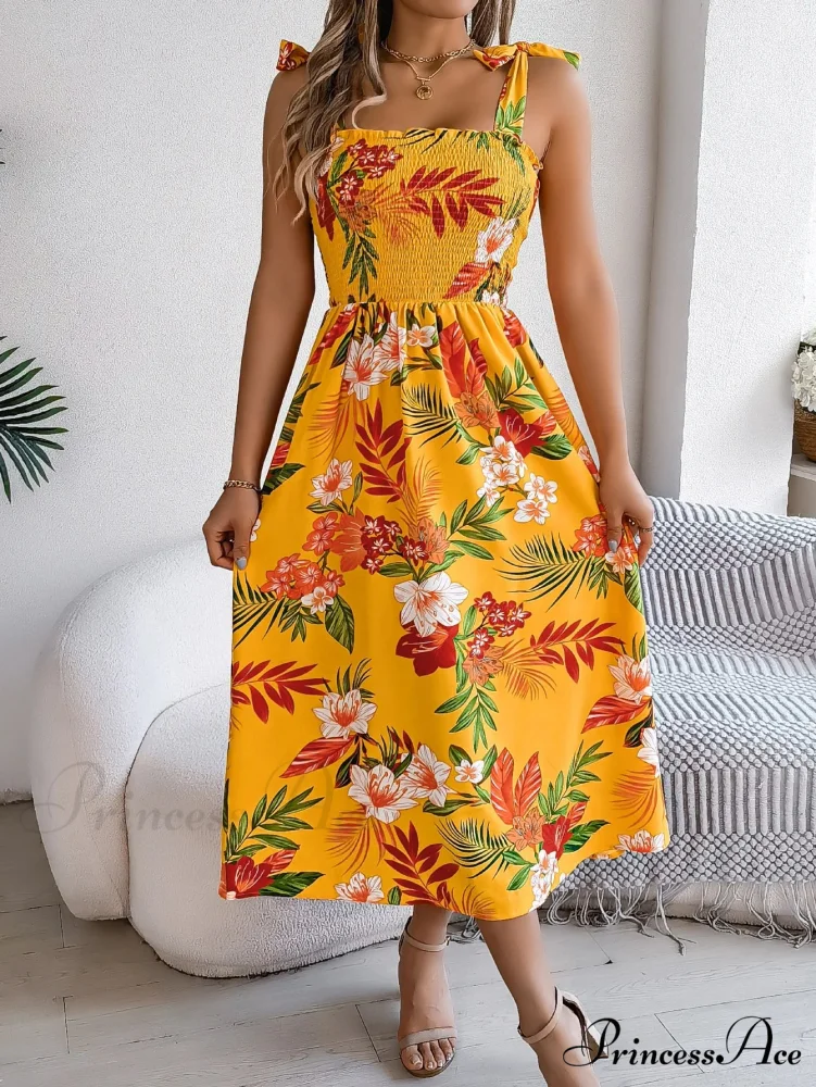 Flower Pattern Tie-up Sleeveless Holiday Flower Dress - Image 8