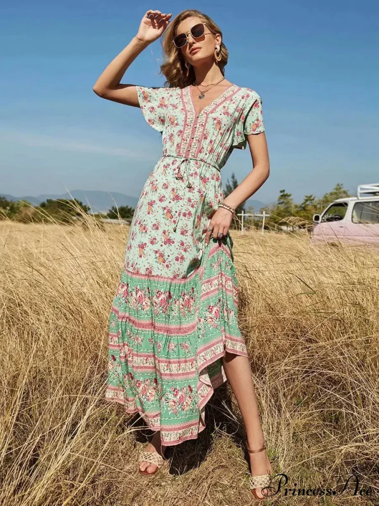 Flower Pattern V-neck Button Pleated Rayon Bohemian Dress - Image 2