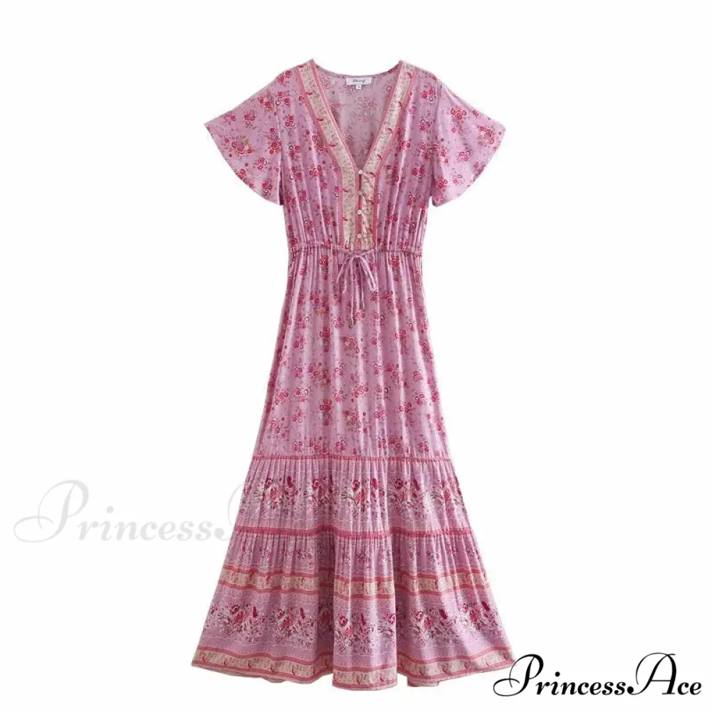 Flower Pattern V-neck Button Pleated Rayon Bohemian Dress - Image 3