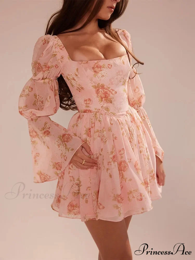 Flower Pattern Waist Wrap A-line Holiday Dress - Image 10