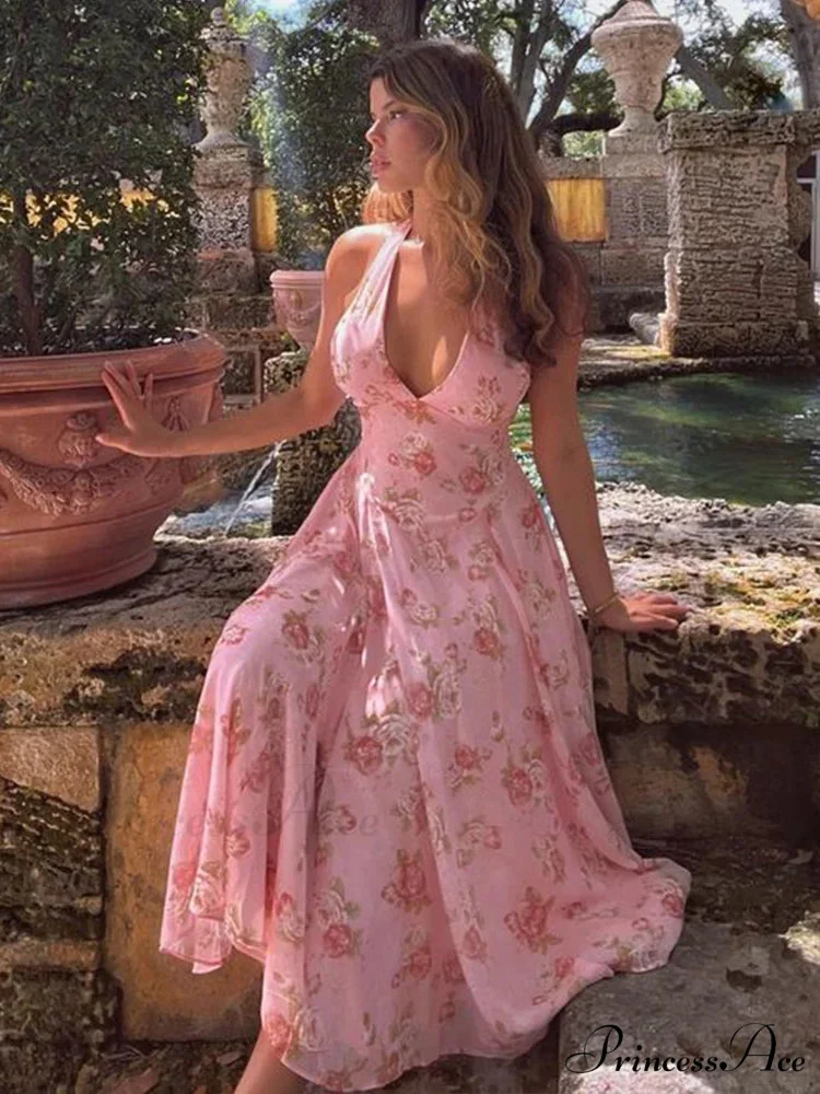 Flower Pattern Waist Wrap A-line Holiday Dress - Image 2