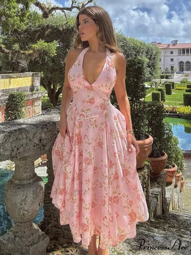 Flower Pattern Waist Wrap A-line Holiday Dress - Image 3