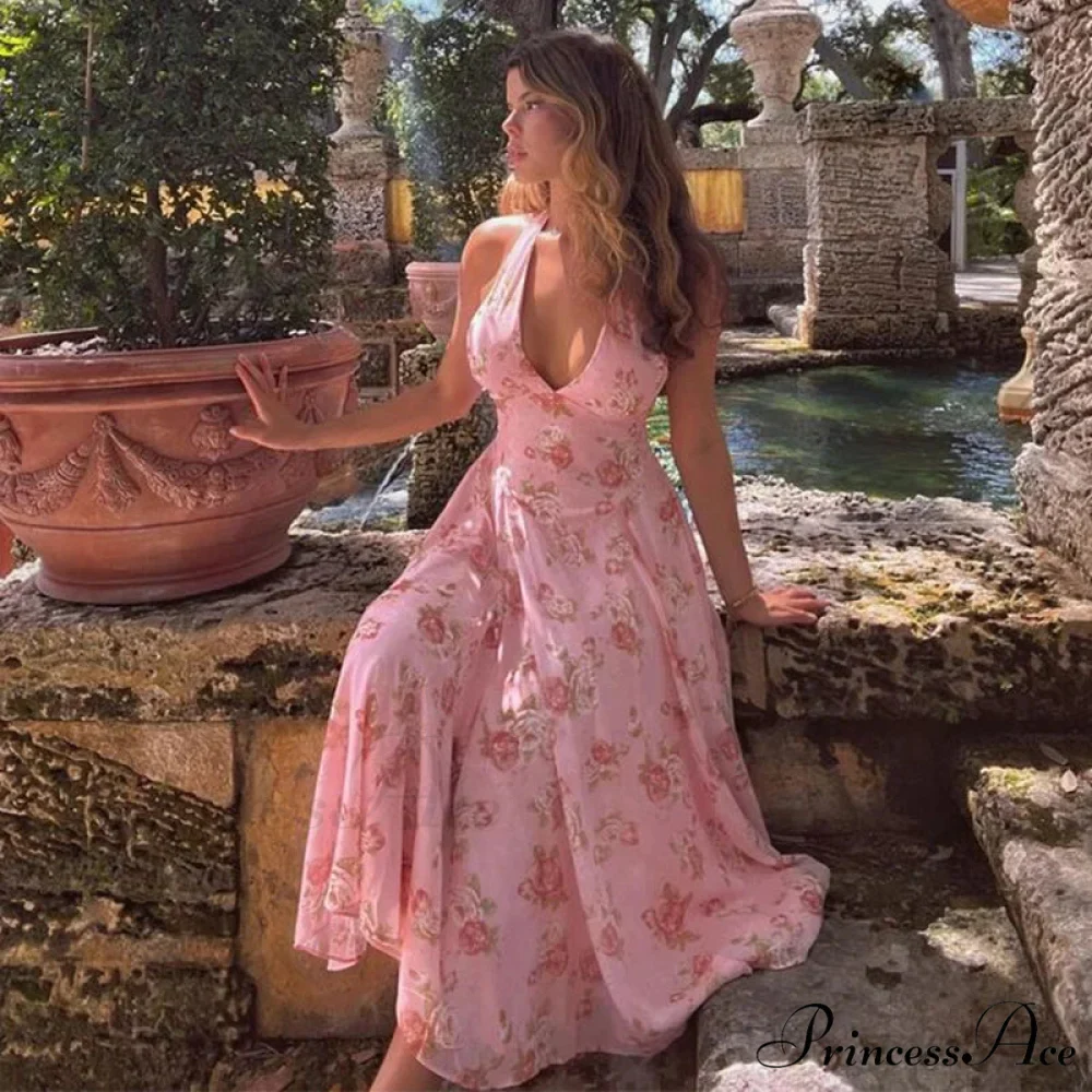 Flower Pattern Waist Wrap A-line Holiday Dress - Image 5