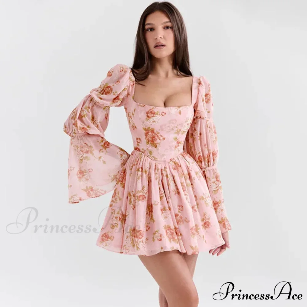 Flower Pattern Waist Wrap A-line Holiday Dress - Image 7