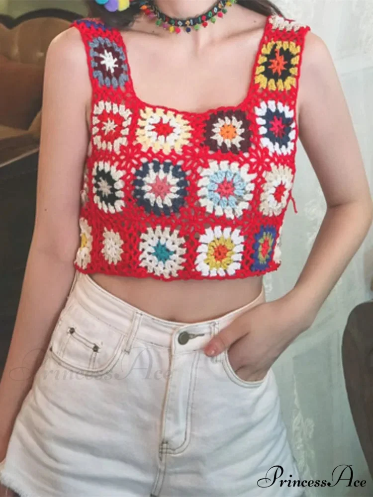Flower Patterned Empty Crochet Knitted Crop Top - Image 3