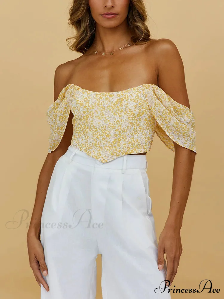 Flower Rounded Neck Off-Shoulder Zipper Back Tight Crop Top - Image 2