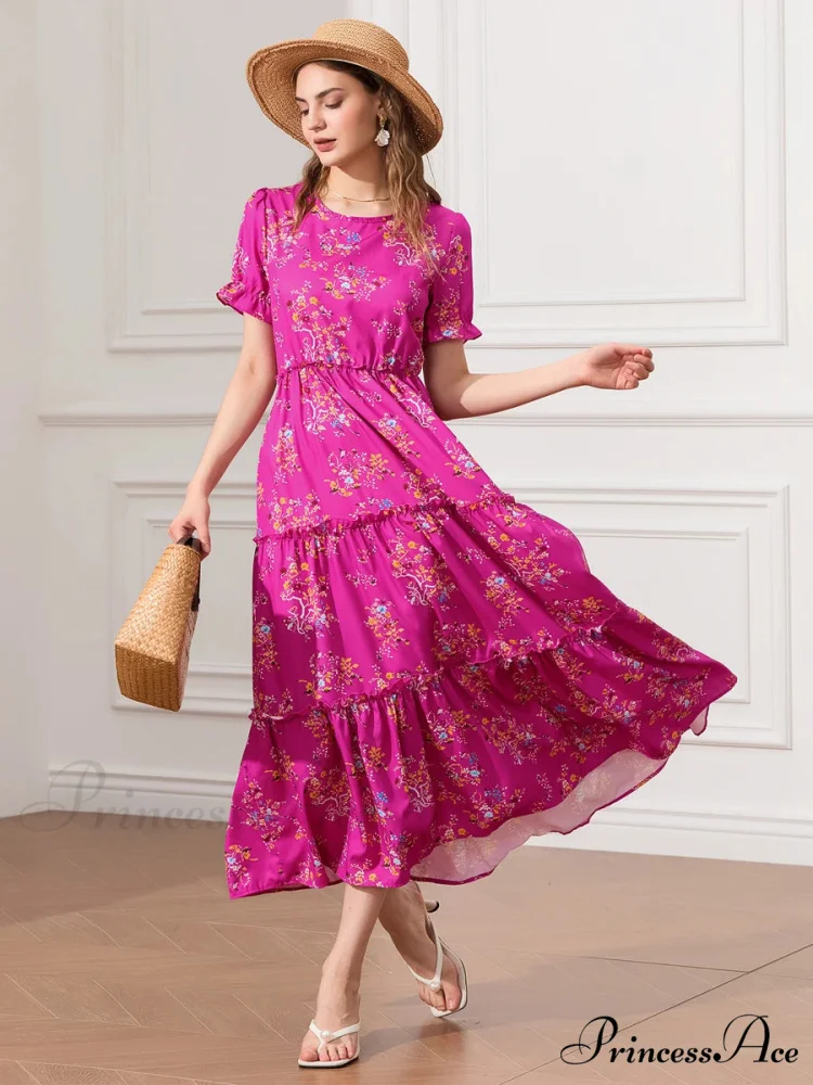 Flower Ruched Layered Puffy Sleeve Pleated Flowy Long Flower Dress - Image 2