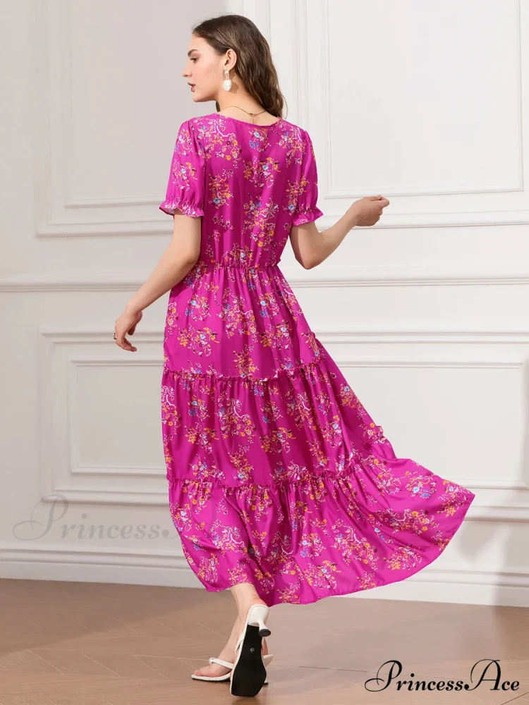 Flower Ruched Layered Puffy Sleeve Pleated Flowy Long Flower Dress - Image 3