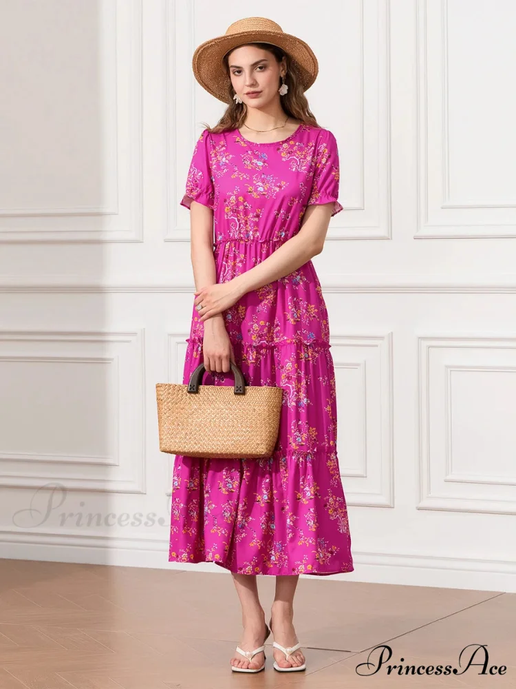 Flower Ruched Layered Puffy Sleeve Pleated Flowy Long Flower Dress - Image 4