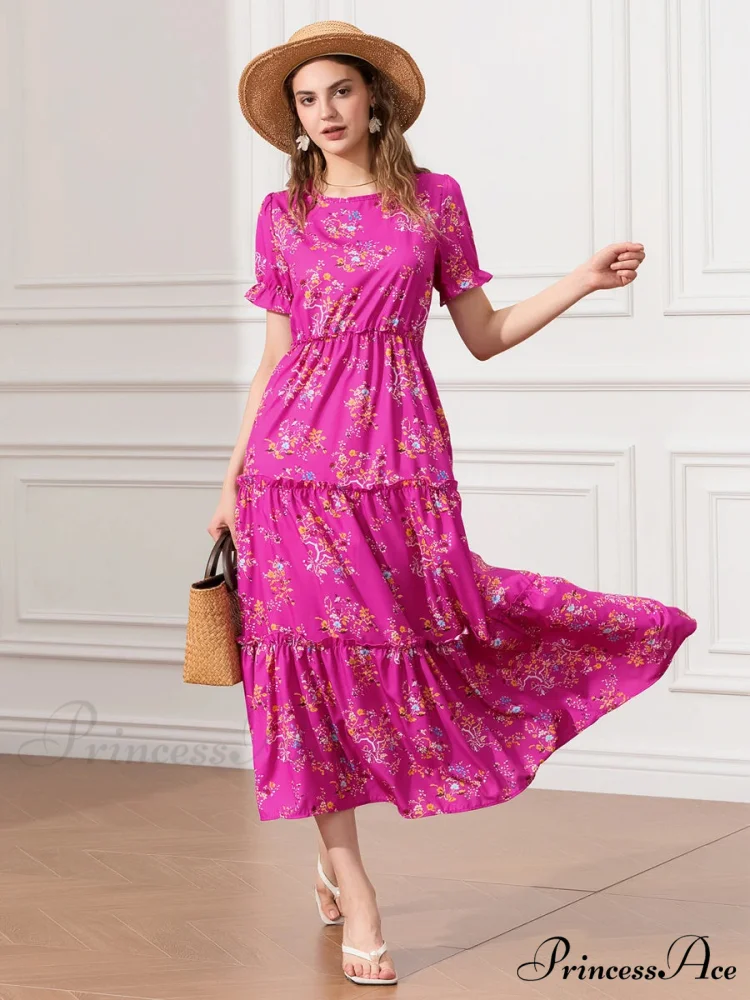 Flower Ruched Layered Puffy Sleeve Pleated Flowy Long Flower Dress - Image 5