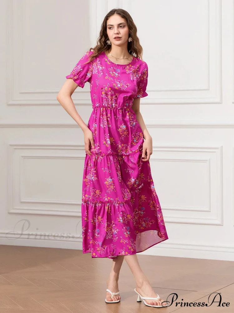 Flower Ruched Layered Puffy Sleeve Pleated Flowy Long Flower Dress - Image 6