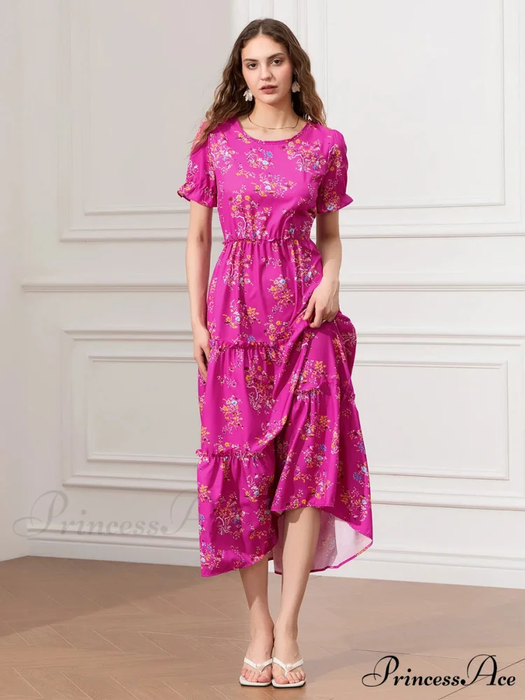 Flower Ruched Layered Puffy Sleeve Pleated Flowy Long Flower Dress - Image 7