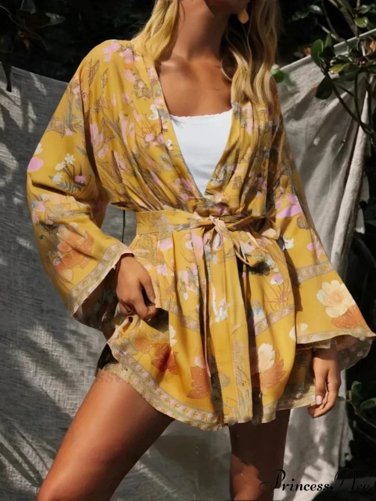Flower Sashes Bat Sleeve Bohemian Kimono Dress - Image 2