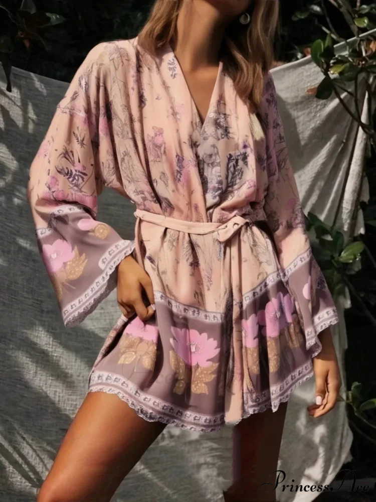 Flower Sashes Bat Sleeve Bohemian Kimono Dress - Image 3