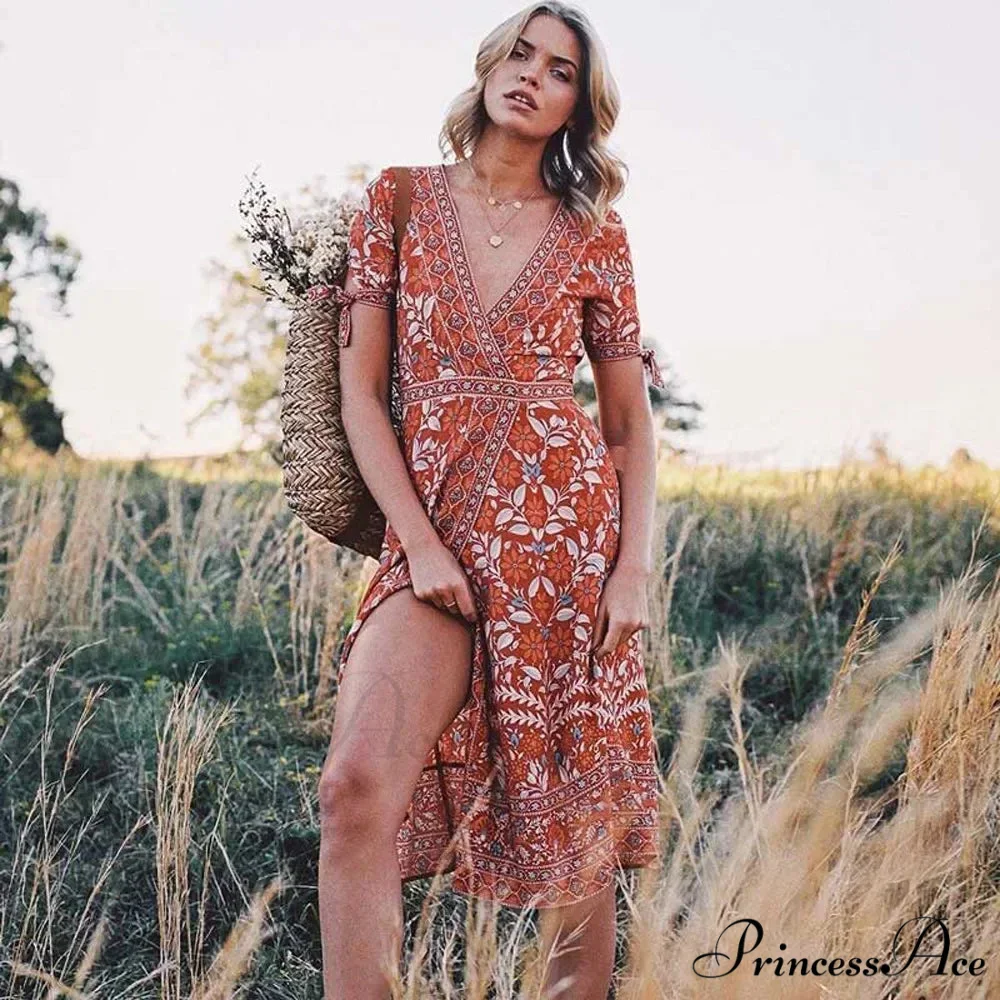 Flower Short Sleeve Belts Bohemian Dress - Image 2