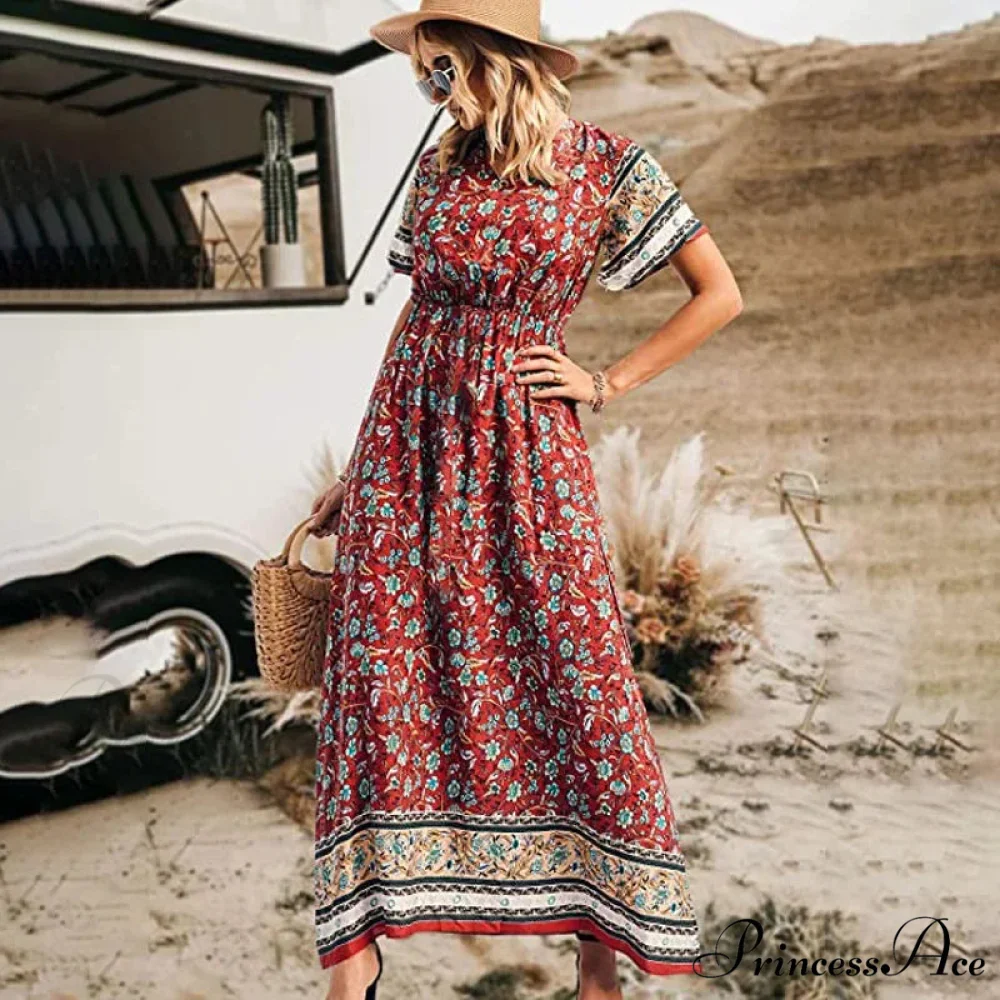 Flower Short Sleeve Seaside Bohemian Dress - Image 2