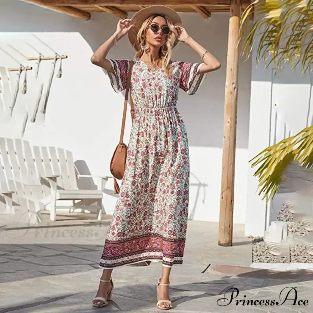 Flower Short Sleeve Seaside Bohemian Dress - Image 3